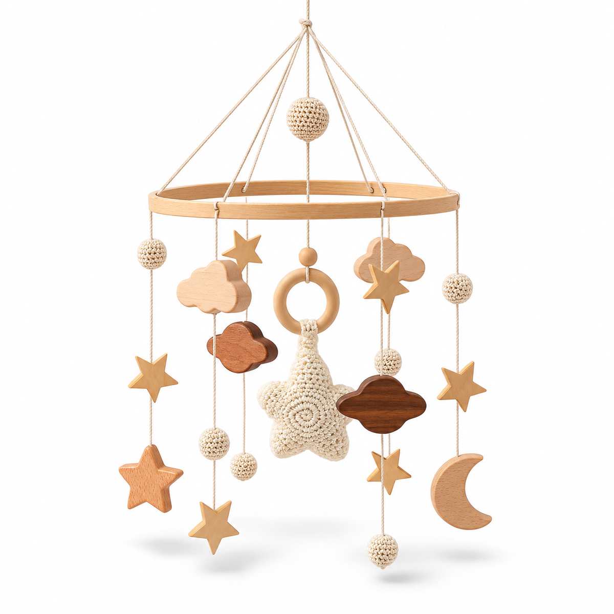 Starry Sky Wooden Baby Crib Mobile – Handmade Crochet Stars, Moon & Clouds Nursery Hanging Decoration