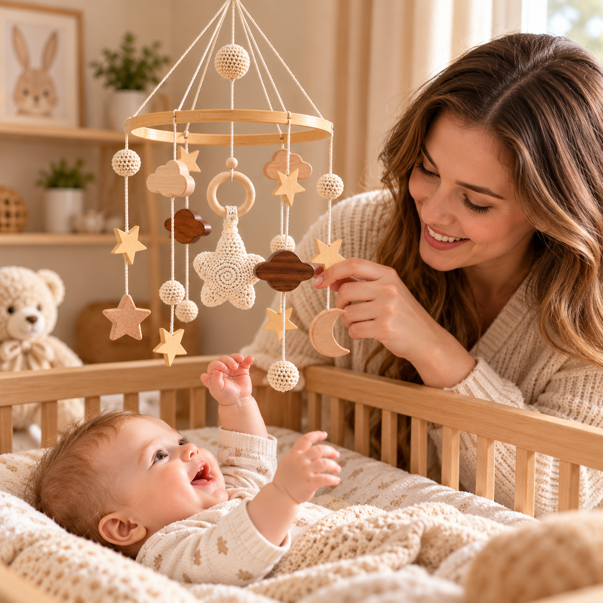 Starry Sky Wooden Baby Crib Mobile – Handmade Crochet Stars, Moon & Clouds Nursery Hanging Decoration