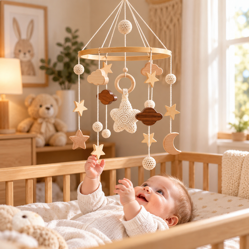Starry Sky Wooden Baby Crib Mobile – Handmade Crochet Stars, Moon & Clouds Nursery Hanging Decoration